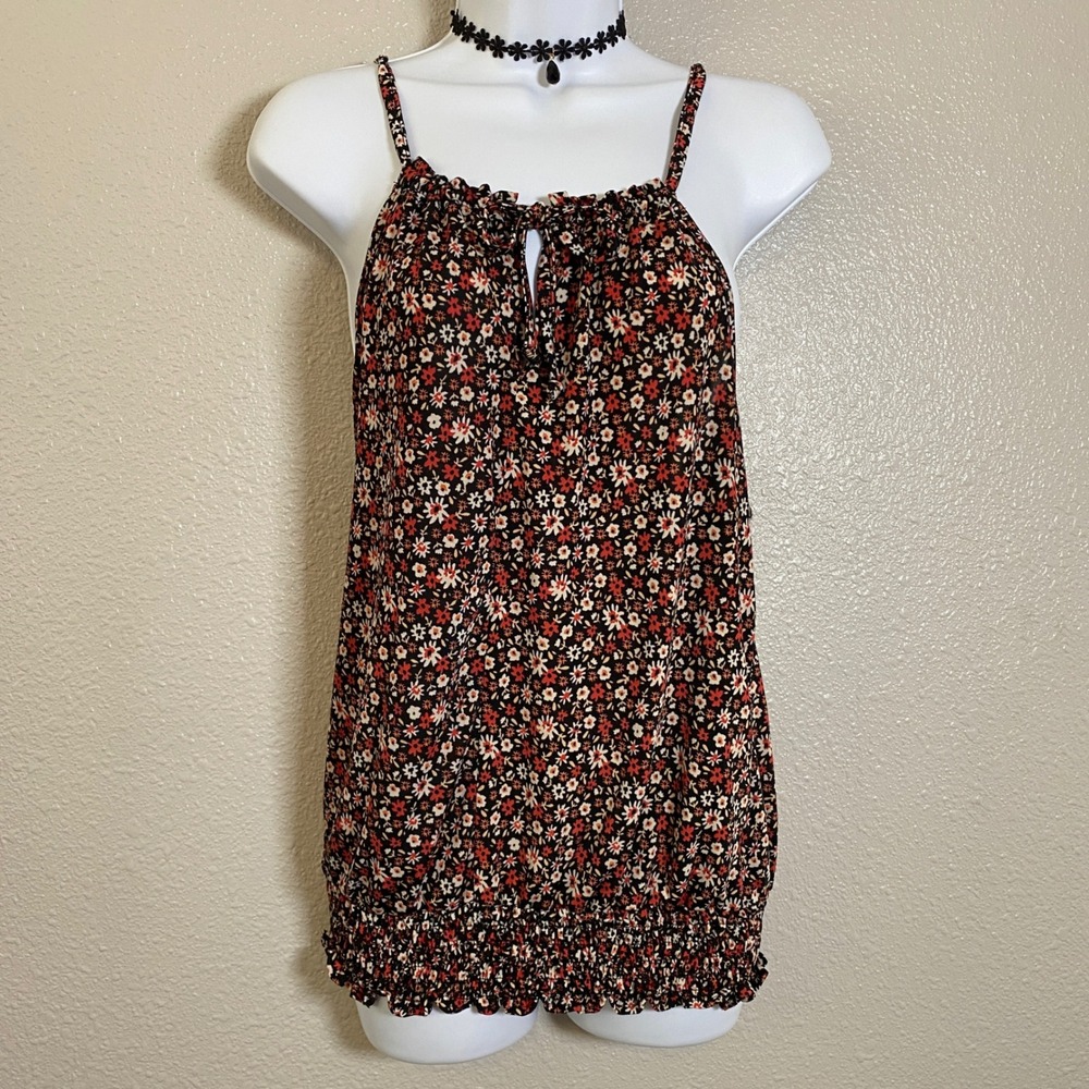 Santory Black Dainty Floral Dark‎ Feminine Casual Summer Strappy Tank Top L